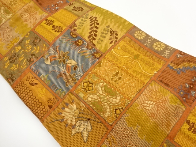 SALE!! 本場筑前博多変わり市松に抽象草花模様織出し名古屋帯