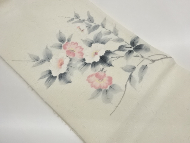 作家物　ひげ紬手描き花葉模様名古屋帯