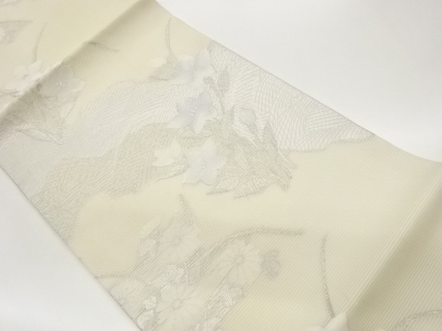 SALE!! 絽道長取に波・桔梗・菊模様織出し開き名古屋帯（額縁仕立て）