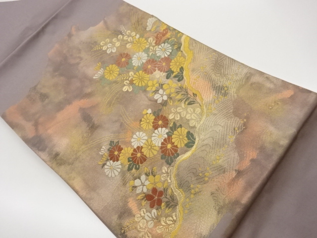 SALE!! 引箔道長取に秋草・色紙散らし模様織出し名古屋帯