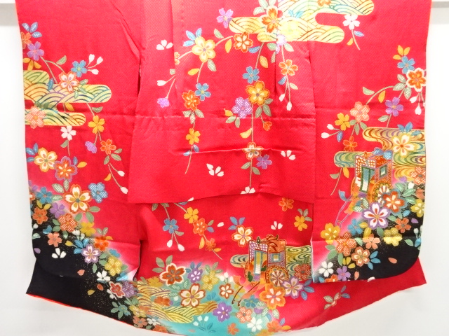 御所車に桜模様刺繍子供着物(重ね衿付き)