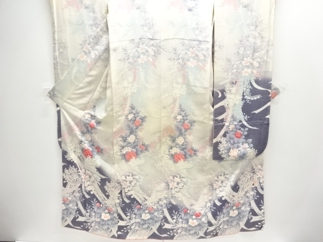 JAPANESE KIMONO / ANTIQUE FURISODE / SILK / FLORAL PLANTS & ROSE