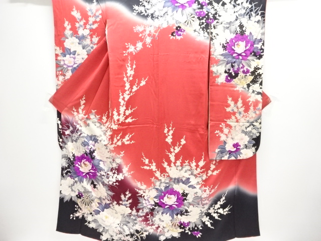 JAPANESE KIMONO / ANTIQUE FURISODE / SILK / FLORAL CART