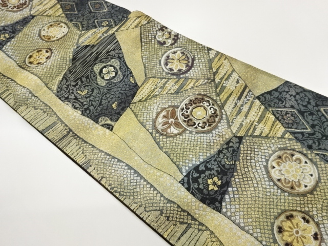 JAPANESE KIMONO / UNUSED FUKURO OBI / WOVEN FLOWER CREST & ARABESQUE FLOWER 