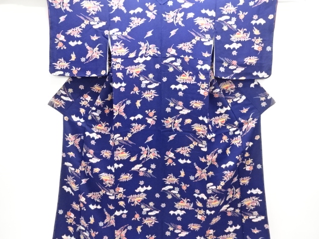 未使用品　縮緬地 型染 家屋に花鳥模様小紋着物