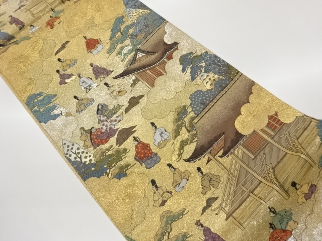 未使用品　となみ織物製　時代人物に洛中風景模様織出し袋帯（未仕立て）