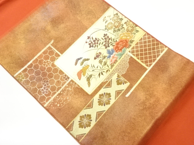JAPANESE KIMONO / GOLD-LEAFED STRIP / AUTUMN GRASS PATTERN EMBROIDERY 