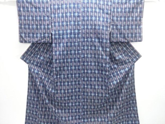 JAPANESE KIMONO / GRASS-LEAF KASURI PATTERN WOVEN TSUMUGI KIMONO