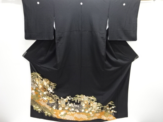 JAPANESE KIMONO / TOMESODE / EMBROIDERY / MANDARIN DUCK & GOSHO CART 