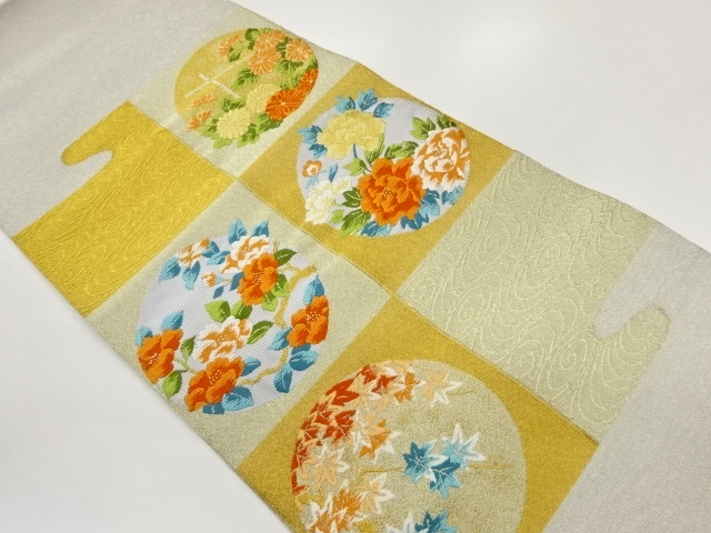 市松に流水・花葉模様織り出し名古屋帯