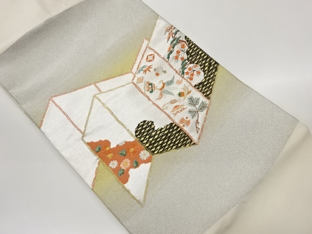 屏風に宝尽くし・松竹梅・菊模様織出し名古屋帯