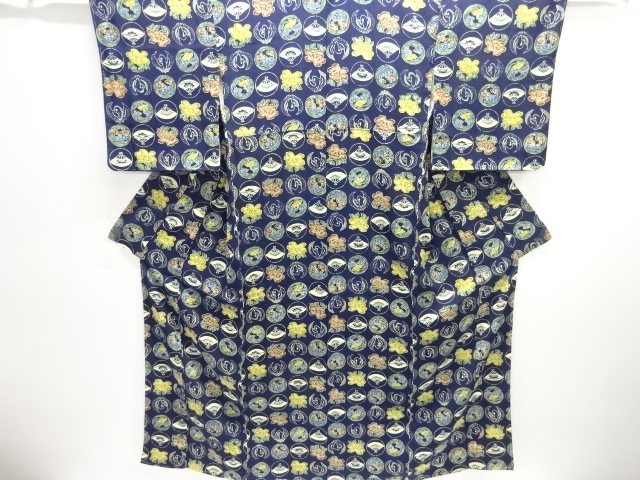 JAPANESE KIMONO / KOMON / BIRD & FOLDING FAN 