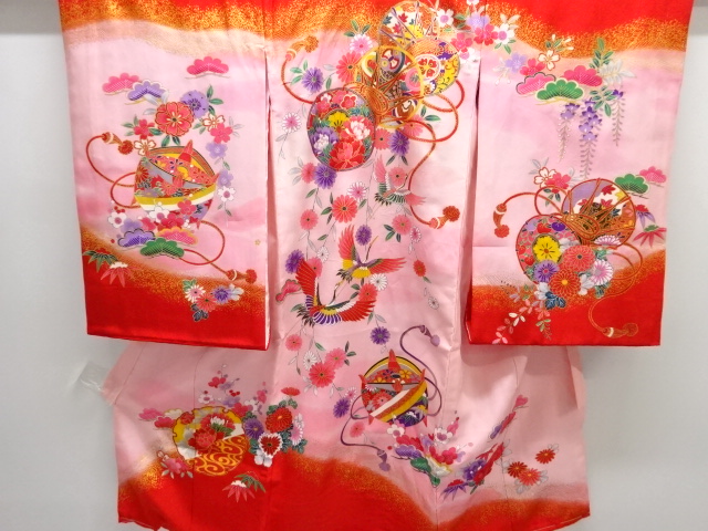 鼓に花・孔雀模様子供着物（長襦袢・内袖付き）