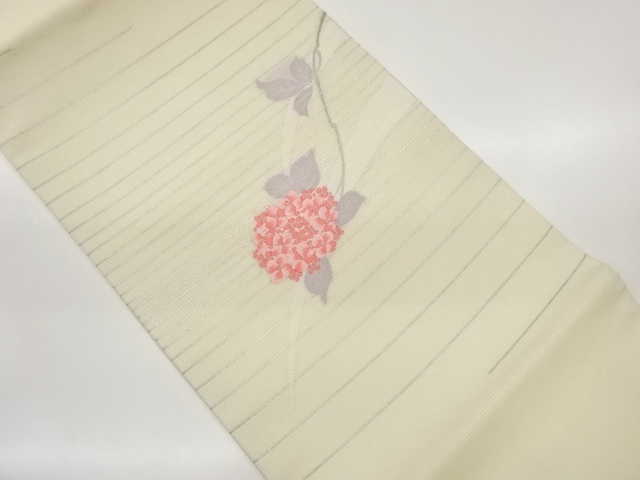絽横段に紫陽花模様織出し開き名古屋帯（額縁仕立て）