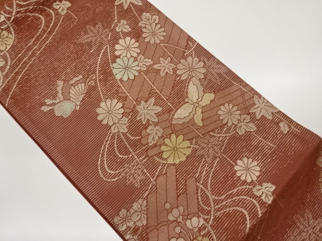 絽花筏に蝶・紅葉模様織出し袋帯