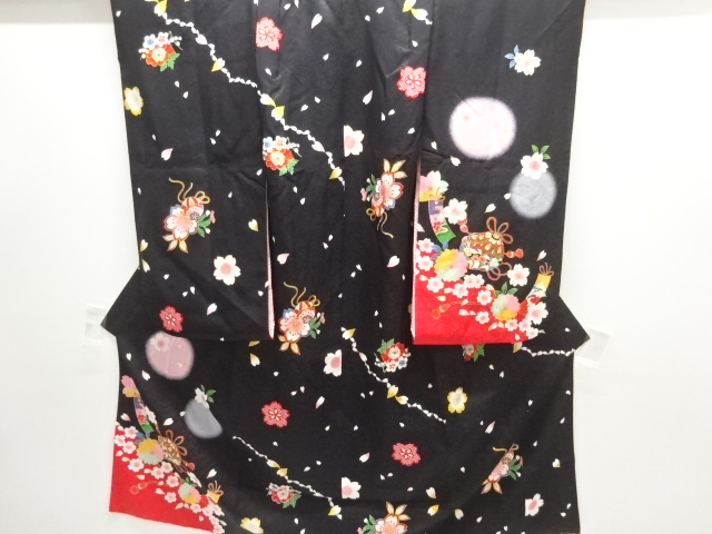 毬に桜・短冊模様刺繍子供着物(長襦袢・重ね衿付き)