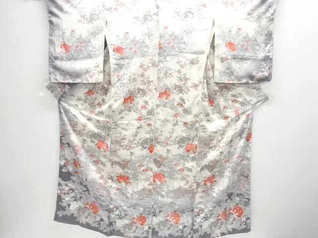 未使用品　屋敷に草花・御所車模様付け下げ小紋着物