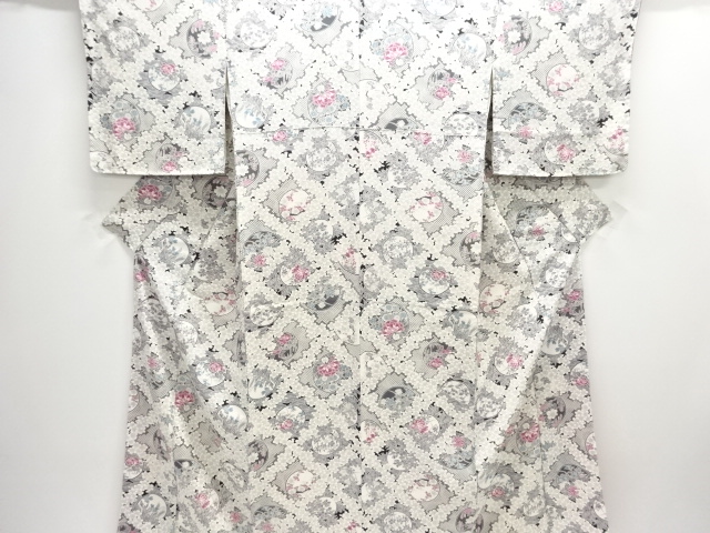 未使用品　斜め格子に草花模様小紋着物