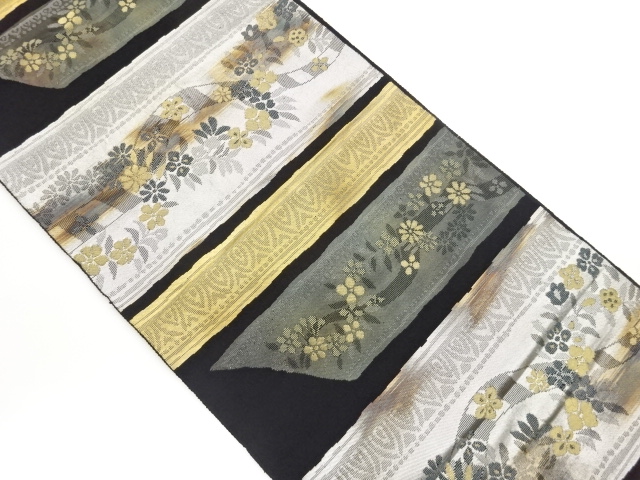 服部織物製　こはく錦横段に抽象草花模様織出し袋帯