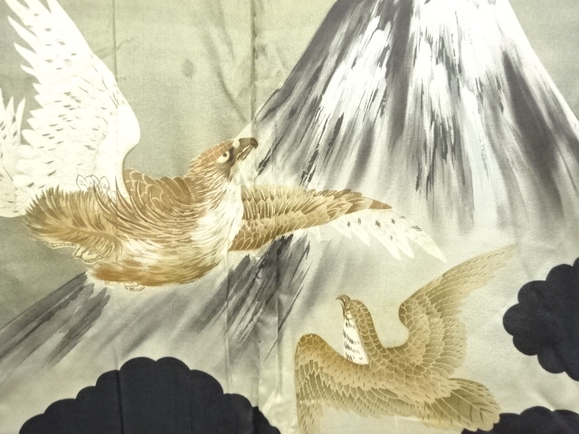 JAPANESE KIMONO / ANTIQUE MENS HAORI / EAGLE PATTERN MOUNT FUJI / SING