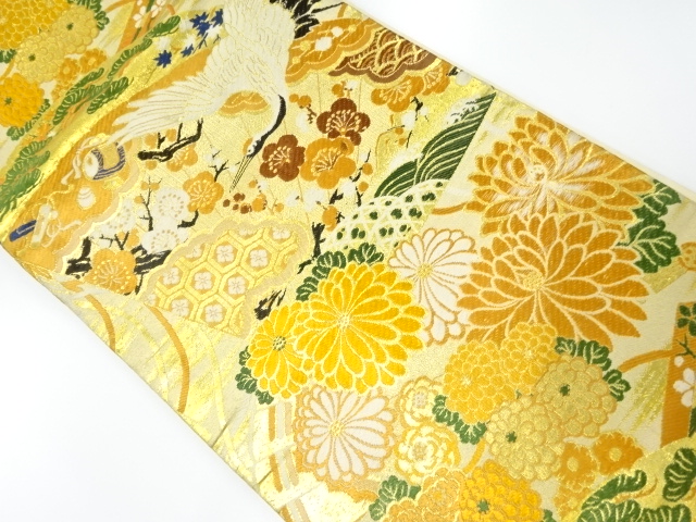 JAPANESE KIMONO / ANTIQUE HIRAKI NAGOYA OBI / SILK / WOVEN CRANES & UME & KIKU
