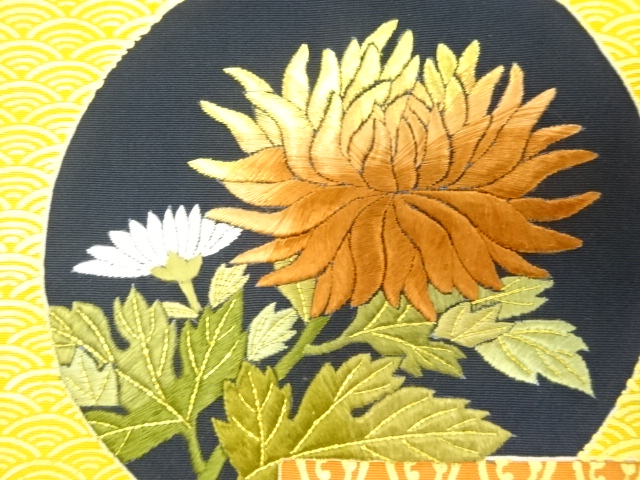 JAPANESE KIMONO / ANTIQUE NAGOYA OBI / SILK / SHIOZE / EMBROIDERY / KIKU & BAMBOO GRASS
