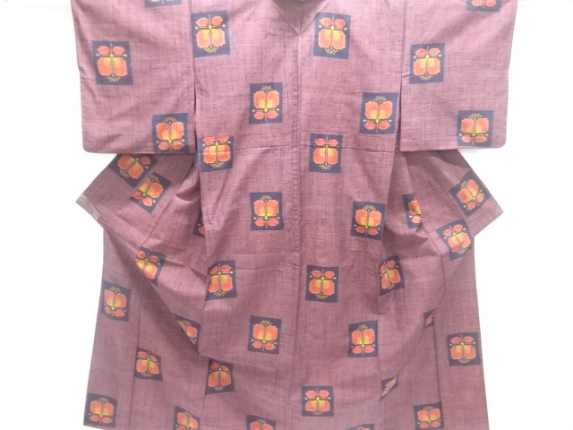 JAPANESE KIMONO / ANTIQUE ENSHU CAMELLIA PATTERN WOVEN- HANDWOVEN HITO