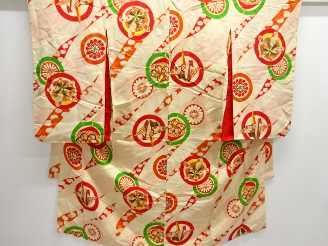 JAPANESE KIMONO / ANTIQUE NISHIKI KIMONO FOR SUMMER: ORIGAMI CRANES / 