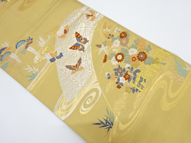 リサイクル　流水に蝶・秋草模様織り出し袋帯