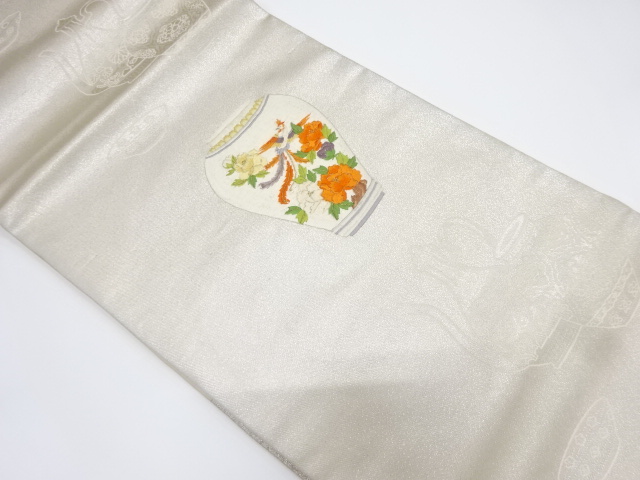 壷に鳳凰・牡丹模様刺繍名古屋帯