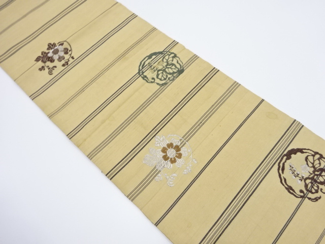 JAPANESE KIMONO / ANTIQUE MARU OBI / WOVEN KIKU & PAULOWNIA WITH STRIPE