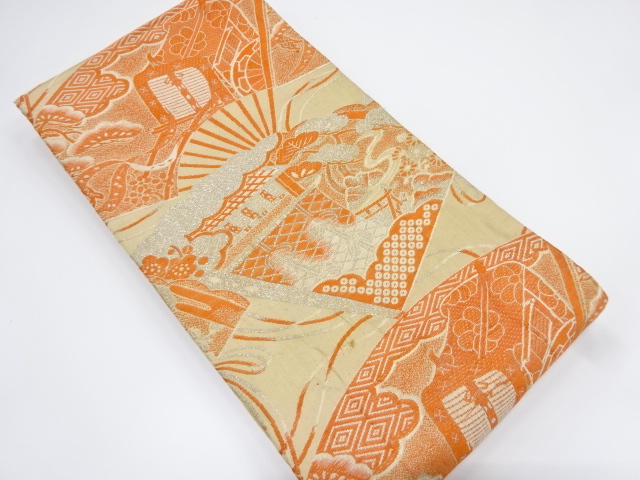 JAPANESE KIMONO / OBI FOR KIDS / WOVEN FOLDING FAN & CARRIAGE & MANSIONS