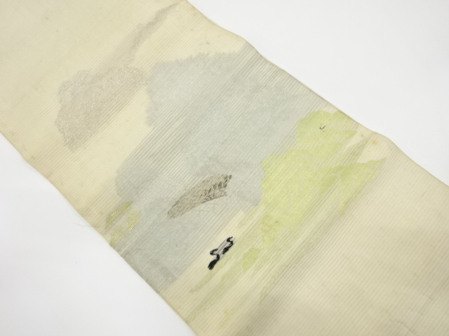 JAPANESE KIMONO / ANTIQUE SUMMER MARU OBI / SILK / WOVEN SCENERY