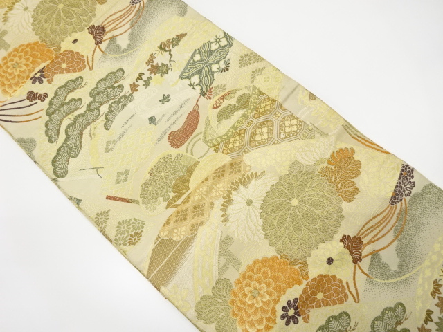 アンティーク　地紙に貝桶・草花模様織り出し丸帯（材料）