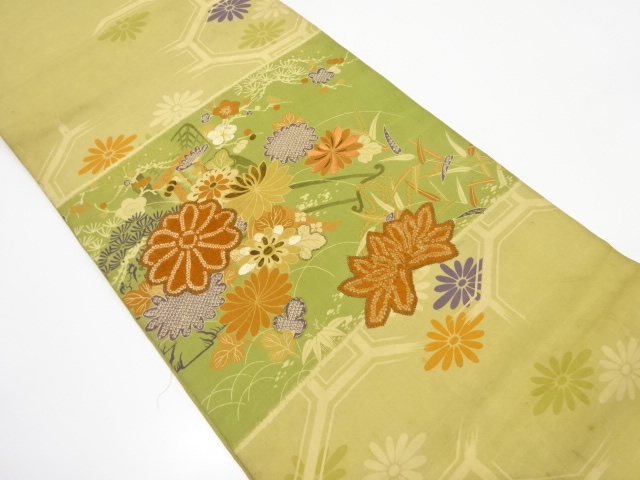 アンティーク　パッチワーク　御所車に草花模様　刺繍　丸帯（材料）