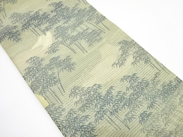 JAPANESE KIMONO / ANTIQUE SUMMER MARU OBI / WOVEN BAMBOO FOREST & BOAT