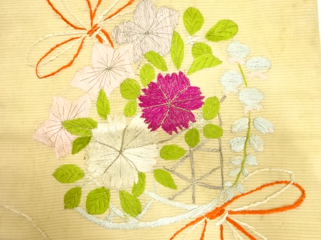 JAPANESE KIMONO / ANTIQUE NAGOYA OBI FOR SUMMER / SILK / EMBROIDERY / FLOWER KUSUDAMA PATTERN