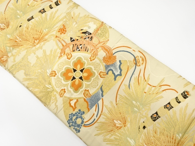 アンティーク　松に古楽器模様織り出し丸帯（材料）