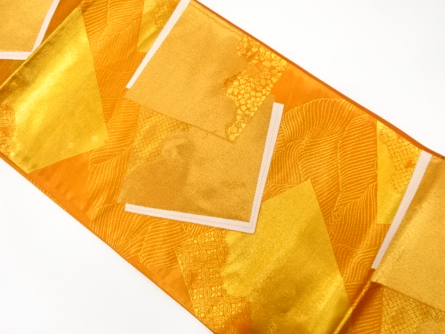 未使用品　聚巧製　流水に重ね色紙・花唐草模様織り出し袋帯(未仕立て)