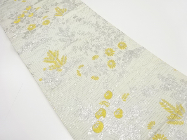 アンティーク　絽流水に若松・菊模様織出し丸帯（材料）