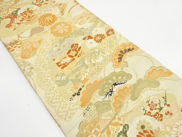 アンティーク　巻物に貝桶・松竹梅模様織り出し丸帯（材料）