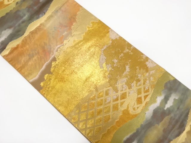 JAPANESE FUKURO OBI / WOVEN SCENERY OF TEMPLE / BY HATTORI ORIMONO