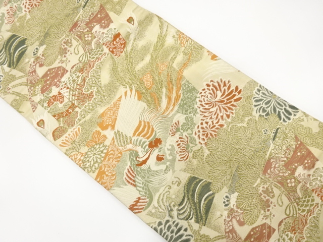 アンティーク　鳳凰に几帳・菊・笠松模様織り出し丸帯(材料)