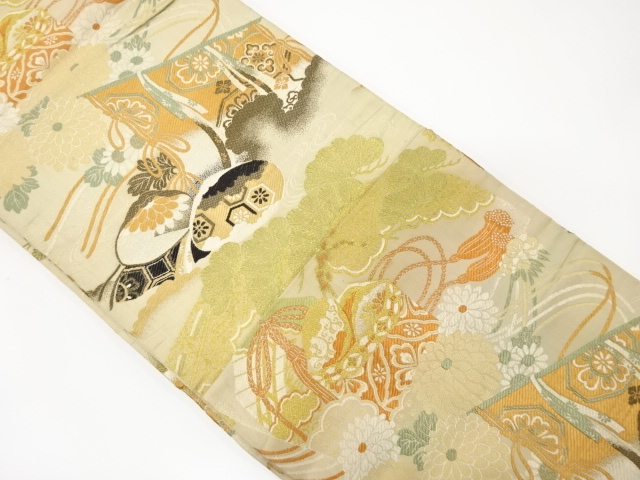 SALE!! JAPANESE KIMONO / ANTIQUE MARU OBI / WOVEN BUCKET & FLOWER