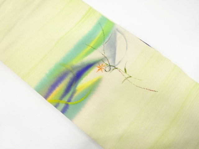 JAPANESE NAGOYA OBI / CHIRIMEN / HAND PAINTED / FLOWER / ARTIST WORK