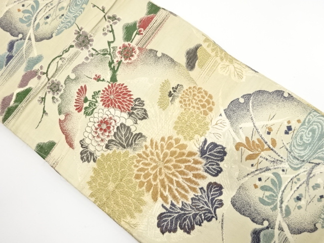 JAPANESE KIMONO / ANTIQUE MARU OBI / WOVEN SNOWFLAKE WITH KIKU & UME