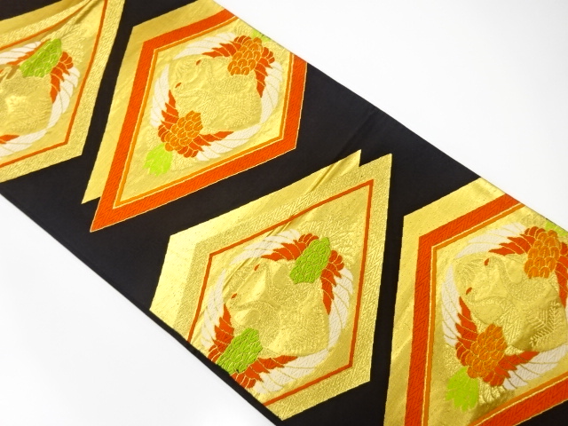 JAPANESE KIMONO / ANTIQUE FUKURO OBI / SILK / WOVEN RHOMBUS & CRANE
