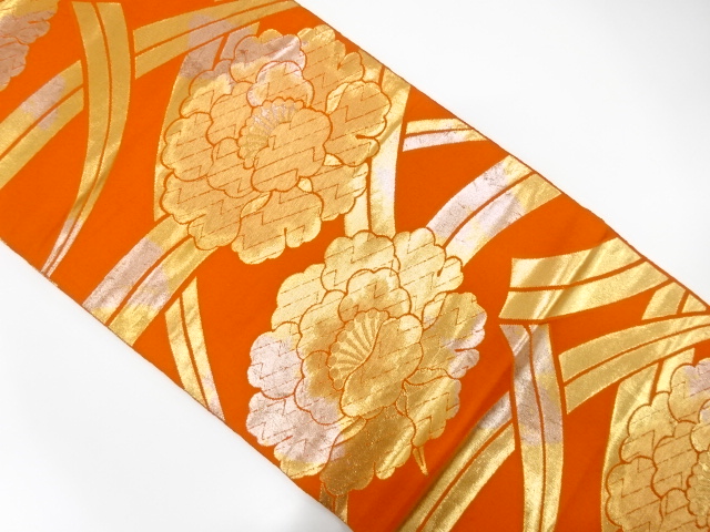 JAPANESE KIMONO / ANTIQUE FUKURO OBI / SILK / WOVEN PEONY / BY HATTORI ORIMONO