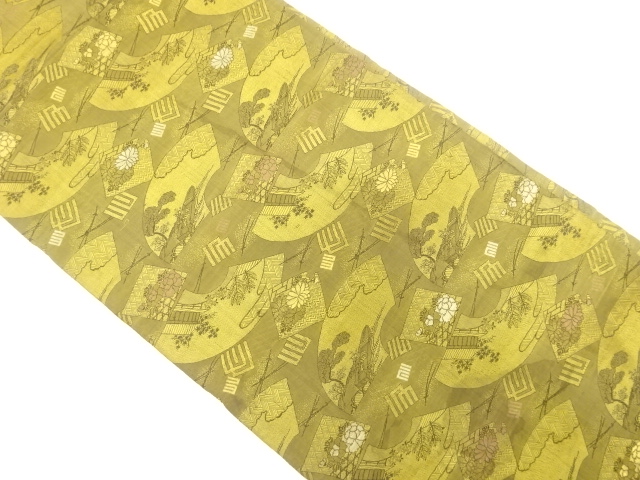 アンティーク　地紙に舟・花・源氏香模様織り出し丸帯(材料)