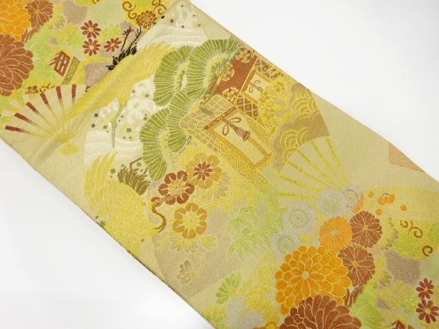 アンティーク　御所車に鶴・扇模様織出し丸帯（材料）